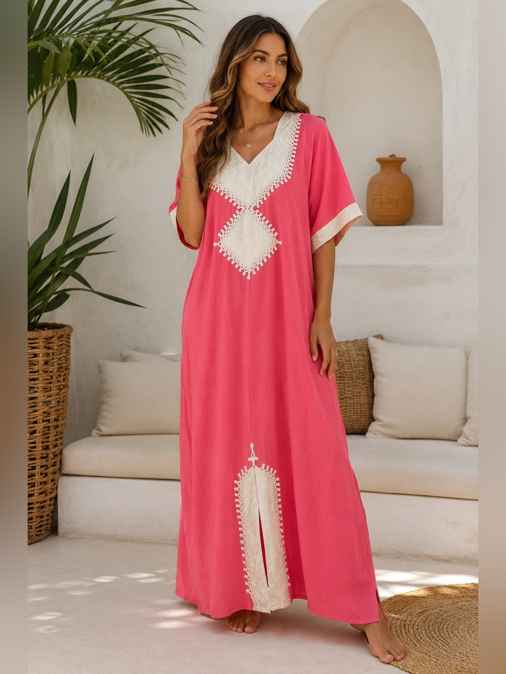 Moustafa Egyptian Cotton Kaftan Galabeya Dress Pink Embroidered L